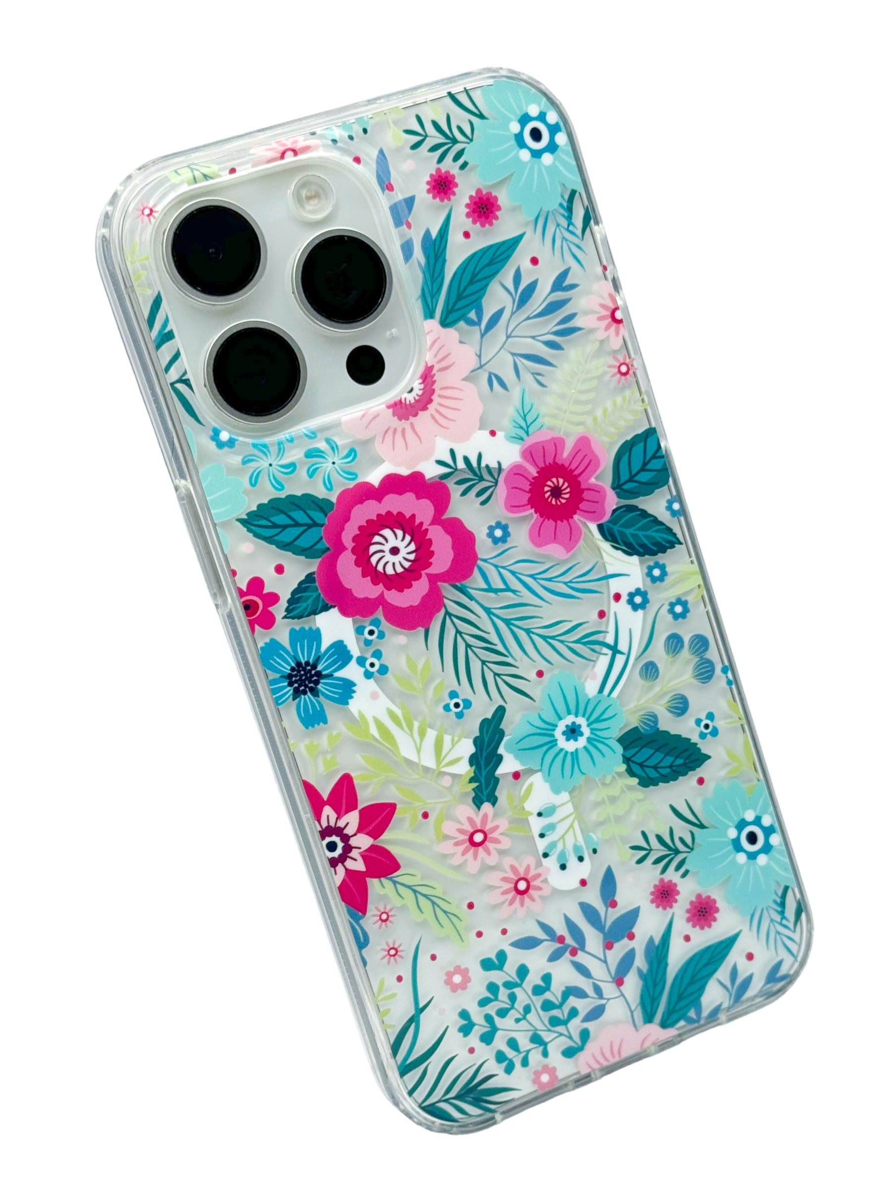 Funda para iPhone 15 PRO MAX transparente con aro magsafe diseño flores y mariposas