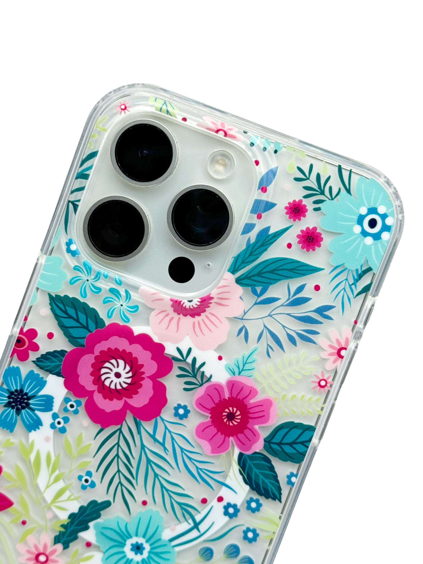 Funda para iPhone 15 PRO MAX transparente con aro magsafe diseño flores y mariposas