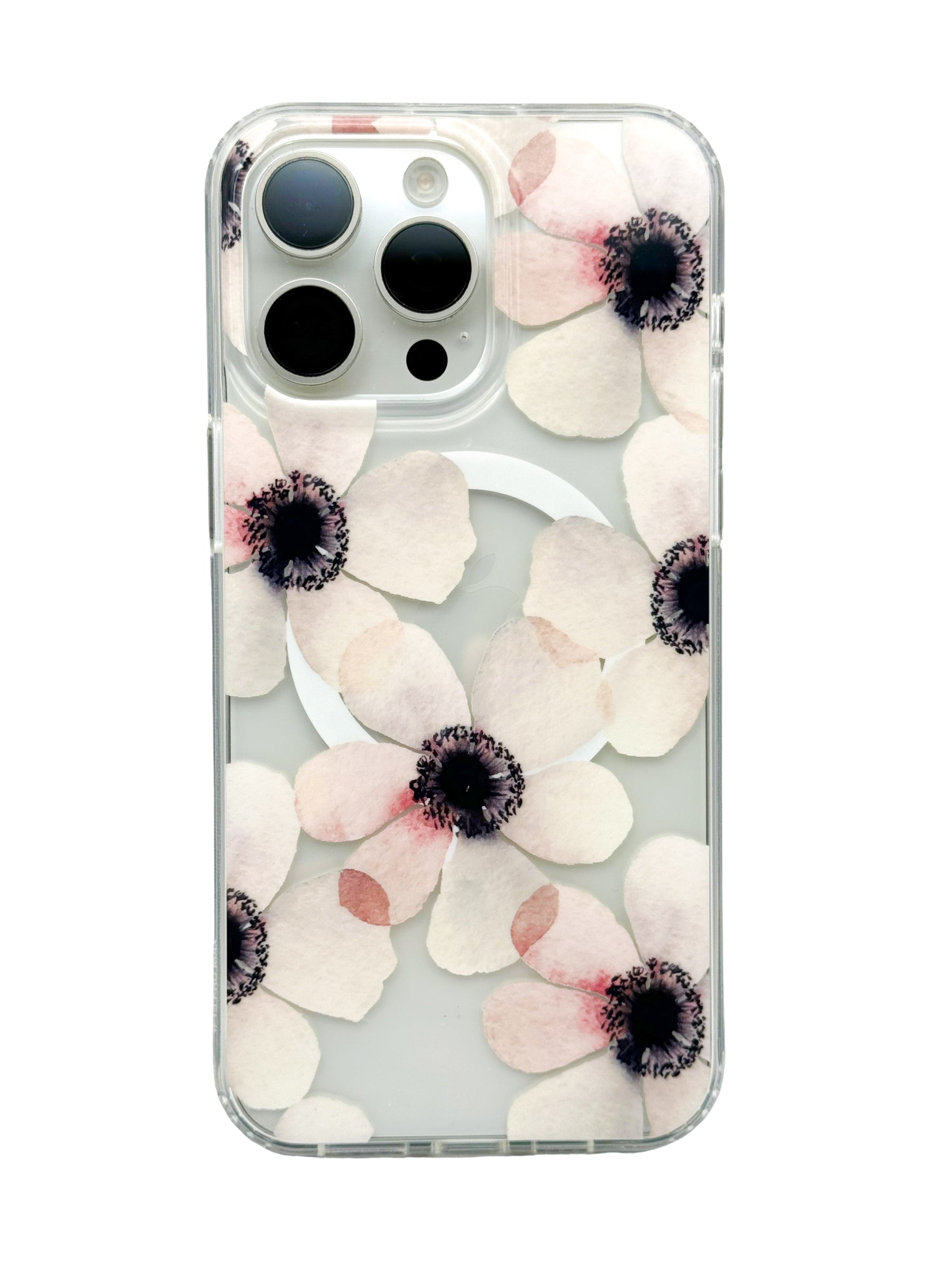 Funda para iPhone 15 PRO MAX transparente con aro magsafe diseño flores y mariposas