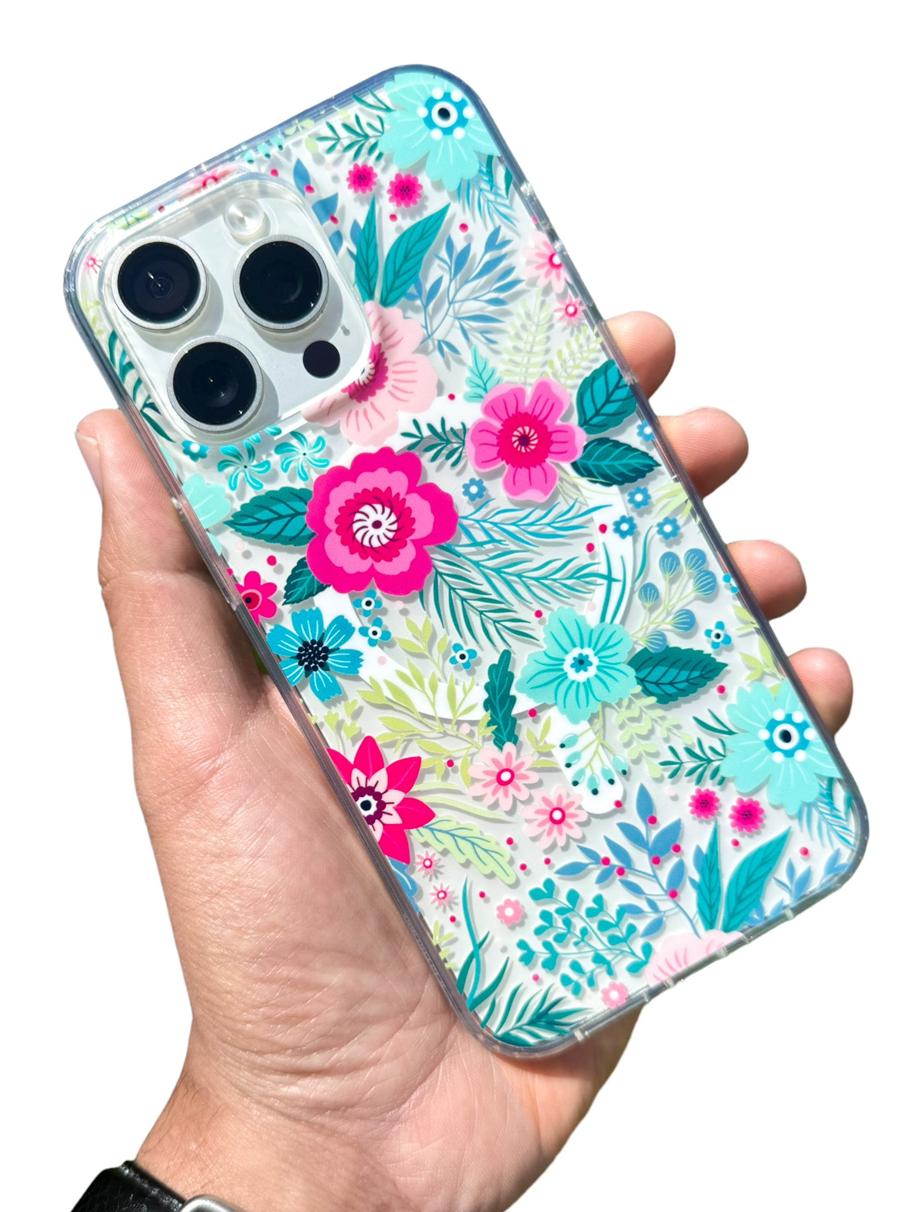 Funda para iPhone 15 PRO MAX transparente con aro magsafe diseño flores y mariposas