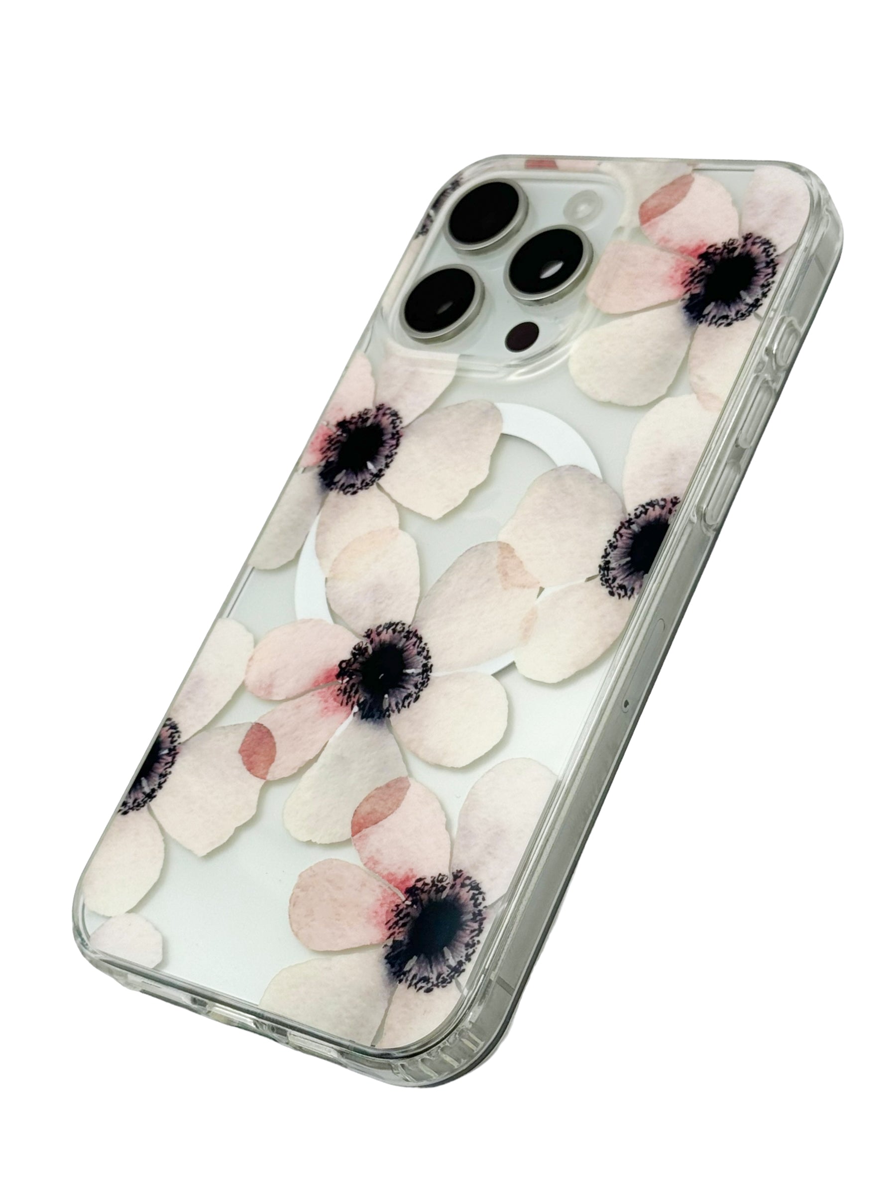 Funda para iPhone 15 PRO MAX transparente con aro magsafe diseño flores y mariposas