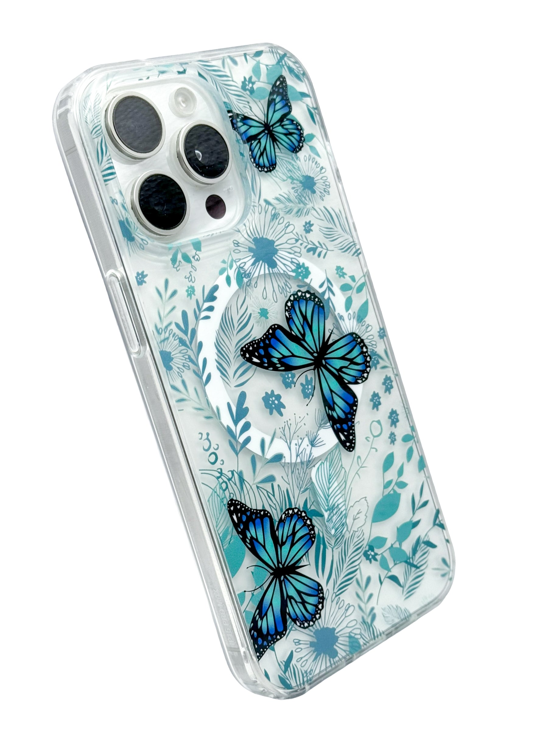 Funda para iPhone 15 PRO MAX transparente con aro magsafe diseño flores y mariposas