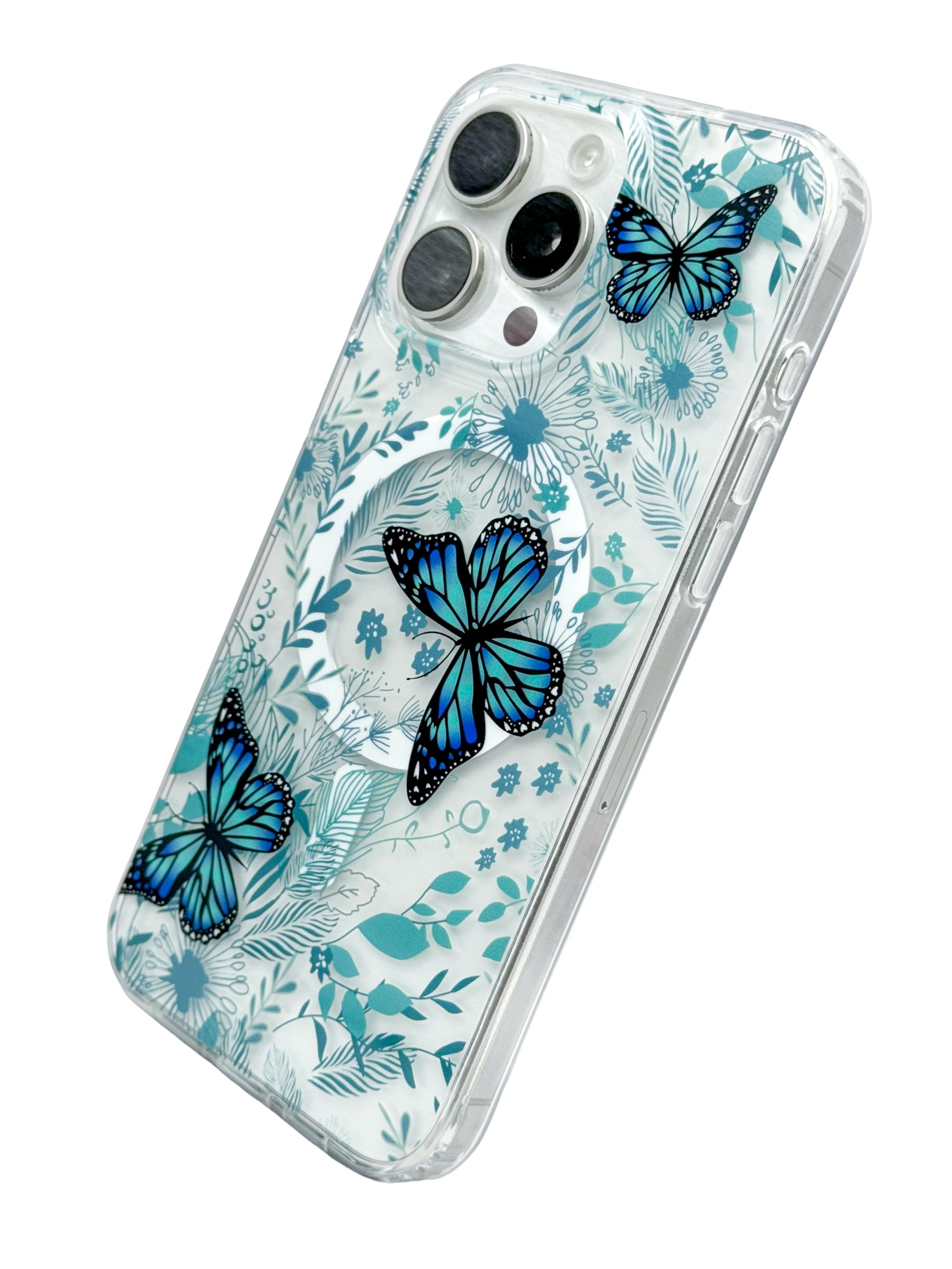 Funda para iPhone 15 PRO MAX transparente con aro magsafe diseño flores y mariposas