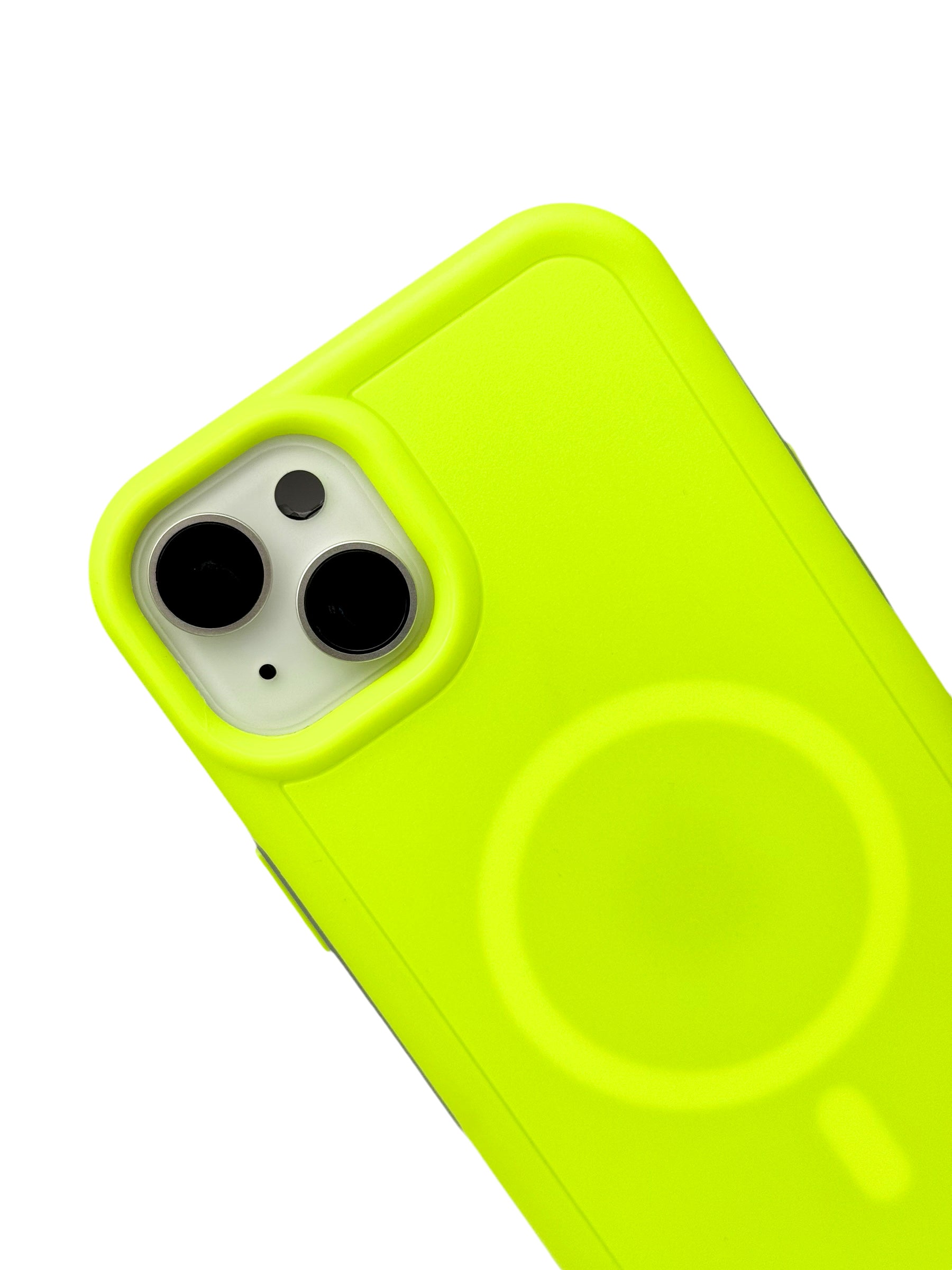 Funda para iPhone 15 normal (6.1) Rigida con aro magsafe amarillo neon