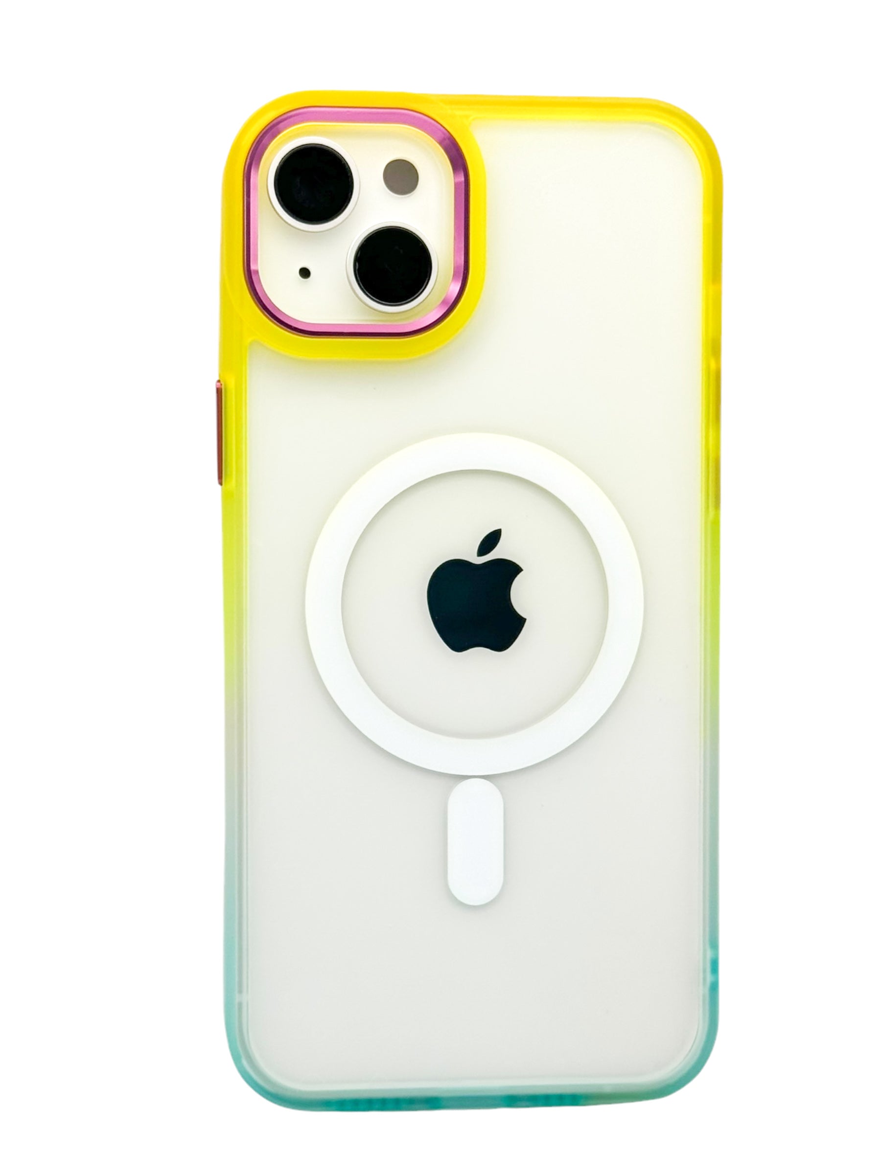 Funda para iPhone 15 normal (6.1) transparente Rigida con aro magsafe bicolor amarillo con azul