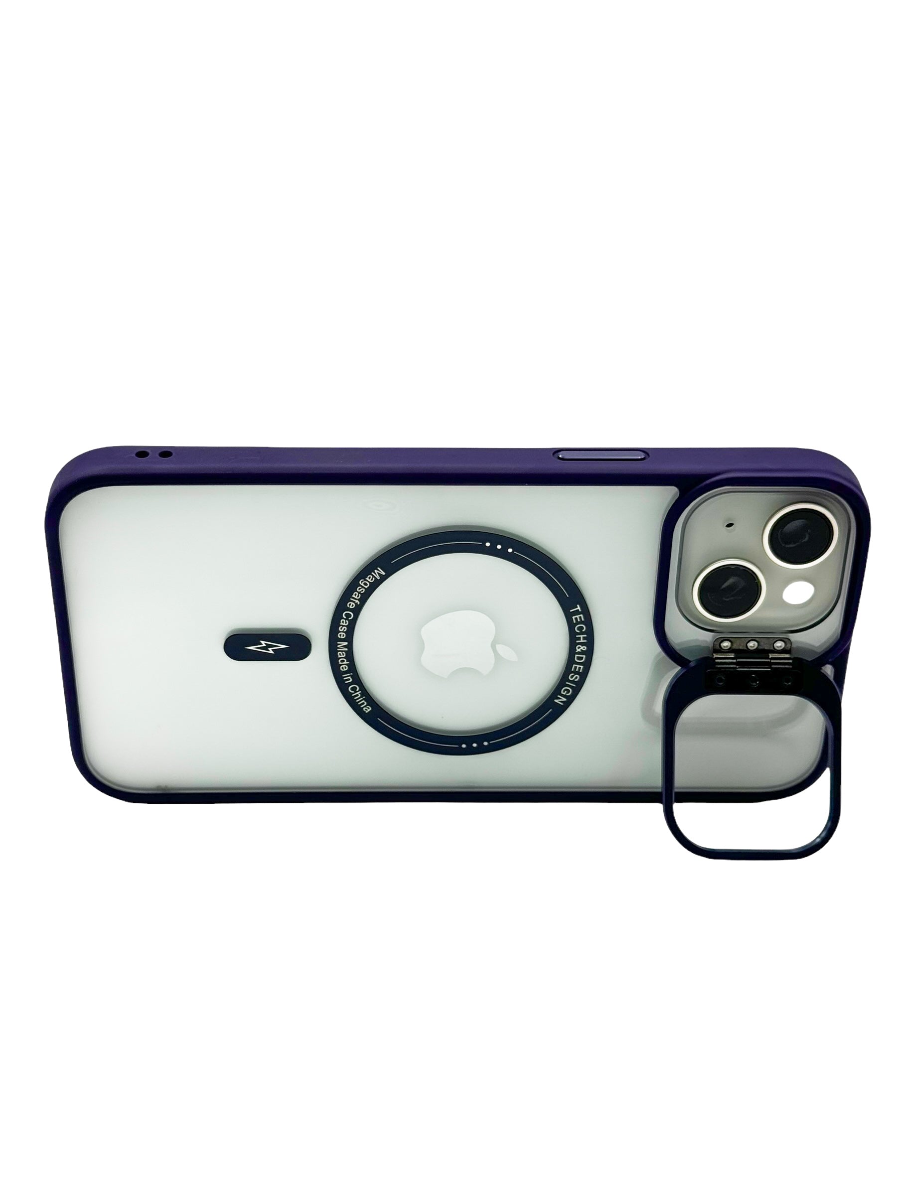 Funda para iPhone 15 normal (6.1) transparente con magsafe y base en camara Morado