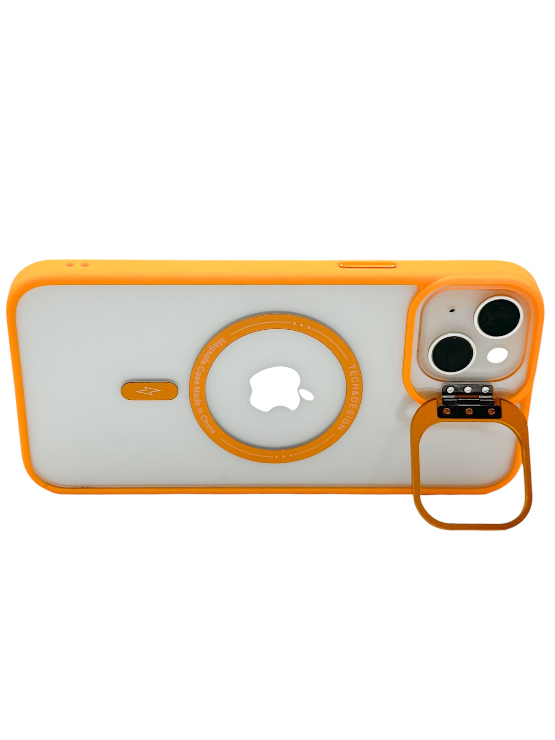 Funda para iPhone 15 normal (6.1) transparente con magsafe y base en camara naranja