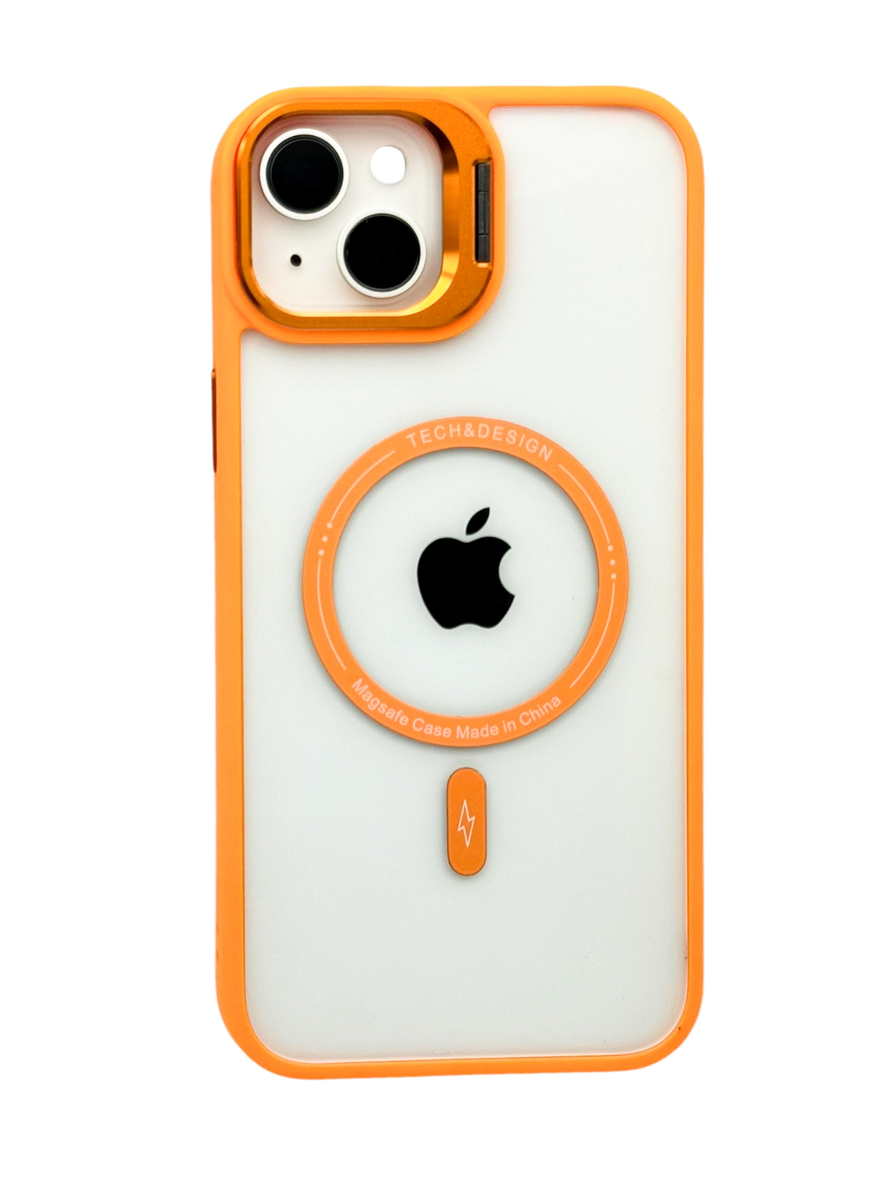 Funda para iPhone 15 normal (6.1) transparente con magsafe y base en camara naranja